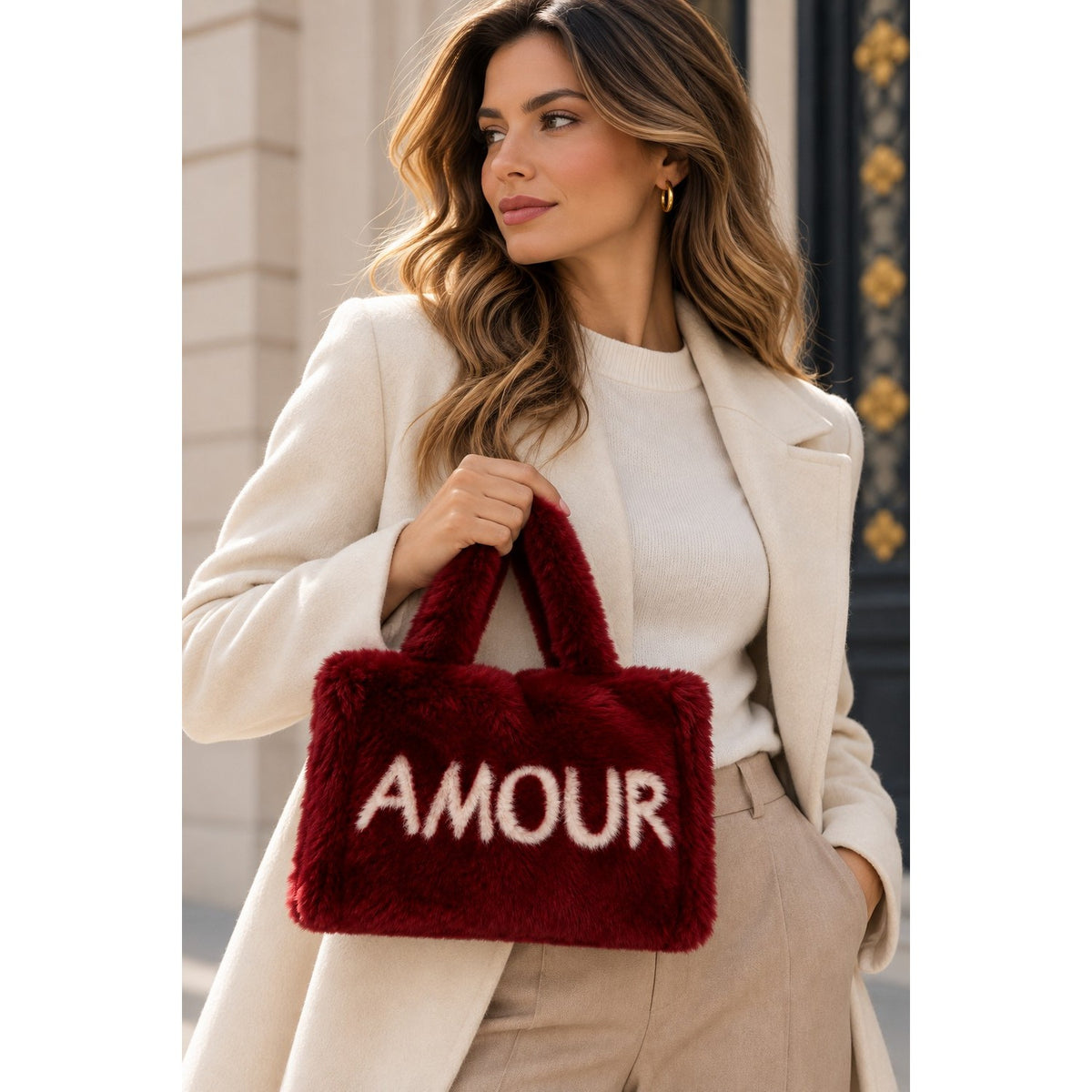 Sac A Main Fourrure Bordeaux/Beige Clair