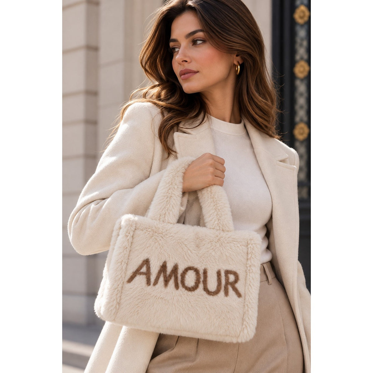 Sac A Main Fourrure Creme/Taupe Clair